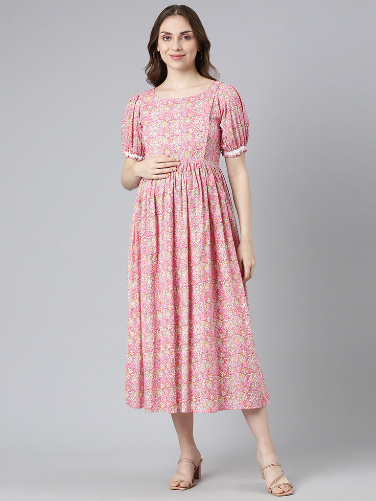 Pink floral print cotton maternity dress