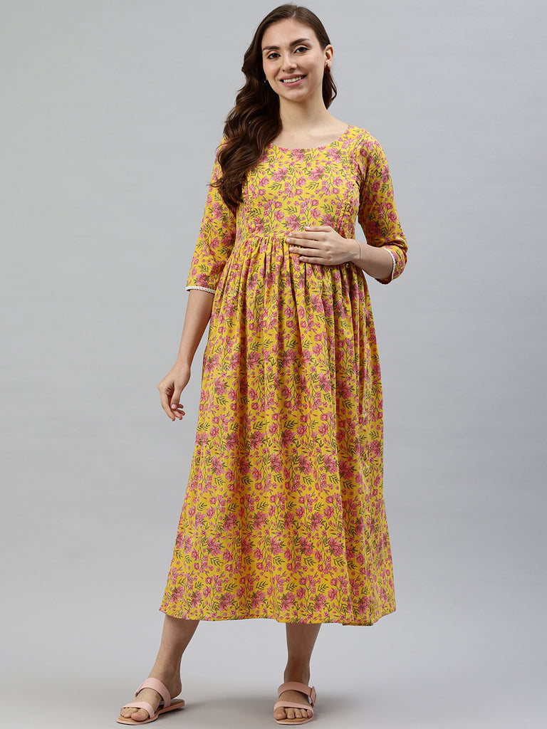 Yellow and pink Floral Print Maternity Fit & Flare Midi Dress