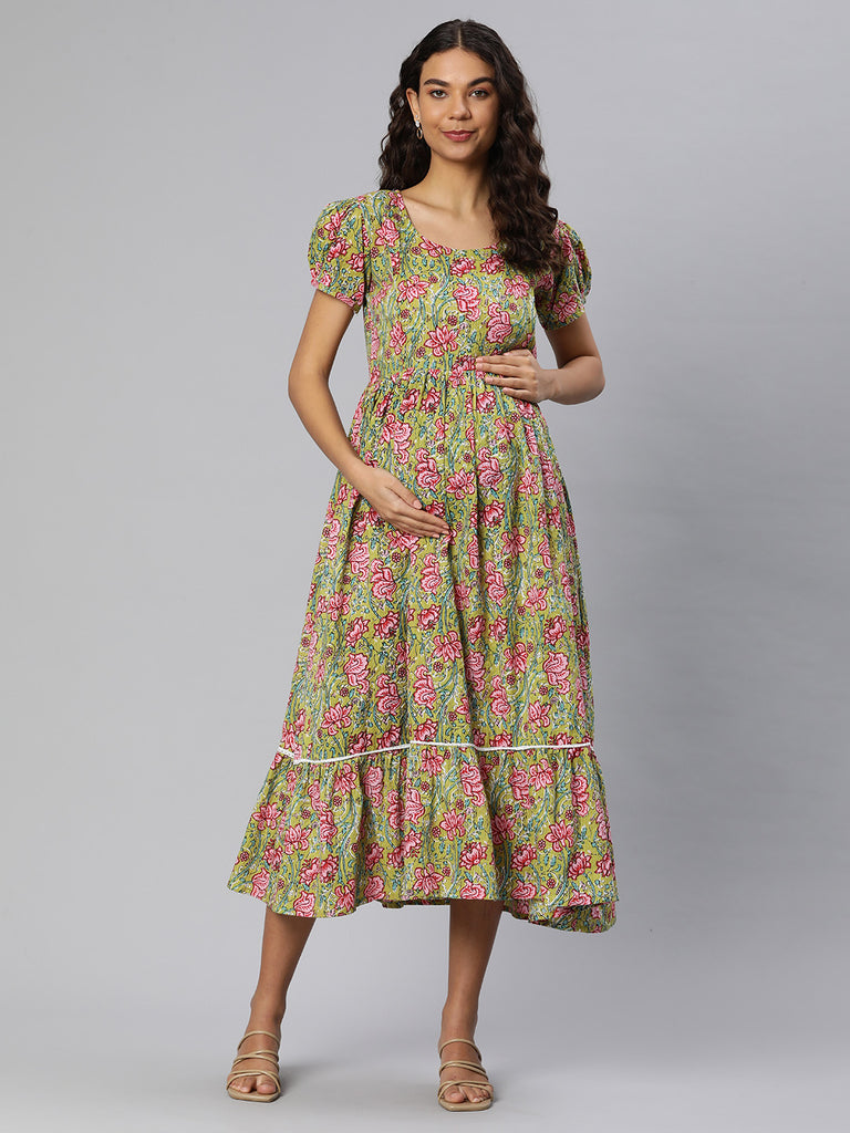 Green Floral Print Puff Sleeves Kantha Embroidered Maternity Fit & Flare Midi Dress
