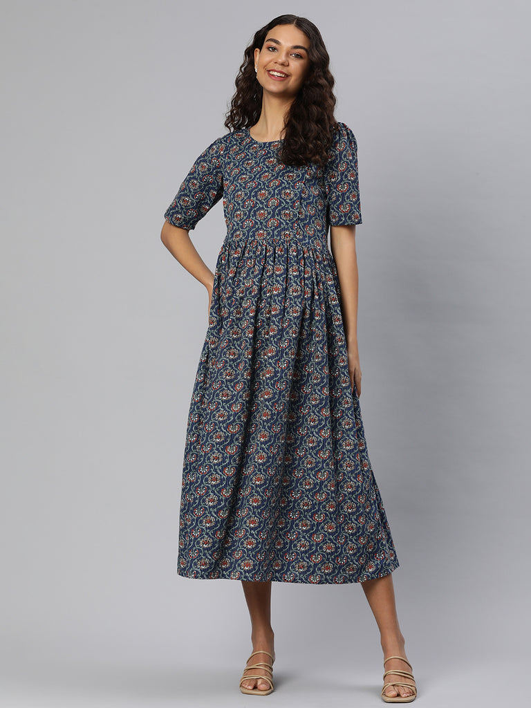 Blue and Red Floral Print Puff Sleeves Maternity Fit & Flare Midi Dress
