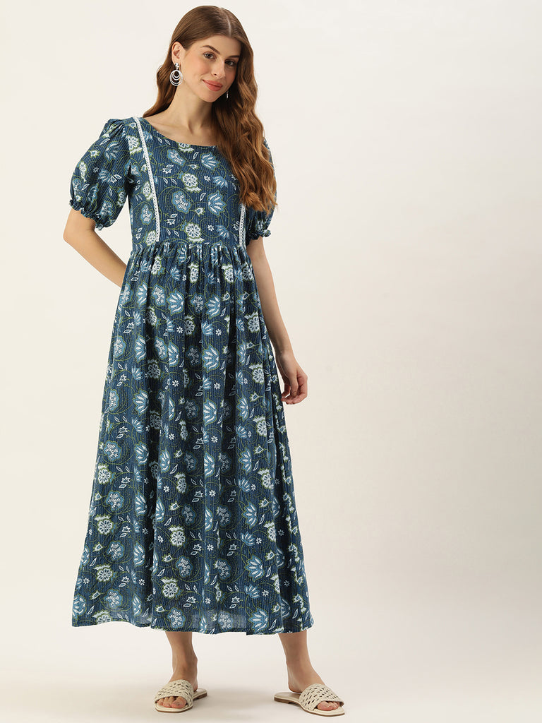 Blue and white Floral Print Puff Sleeve Maternity Dress