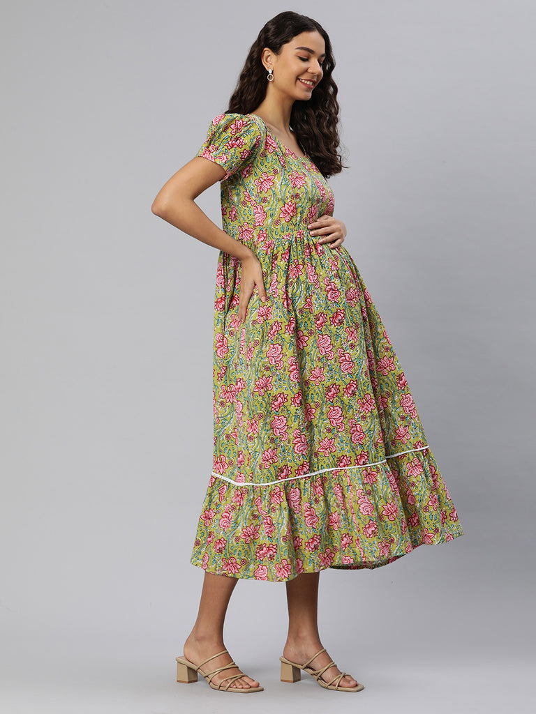 Green Floral Print Puff Sleeves Kantha Embroidered Maternity Fit & Flare Midi Dress