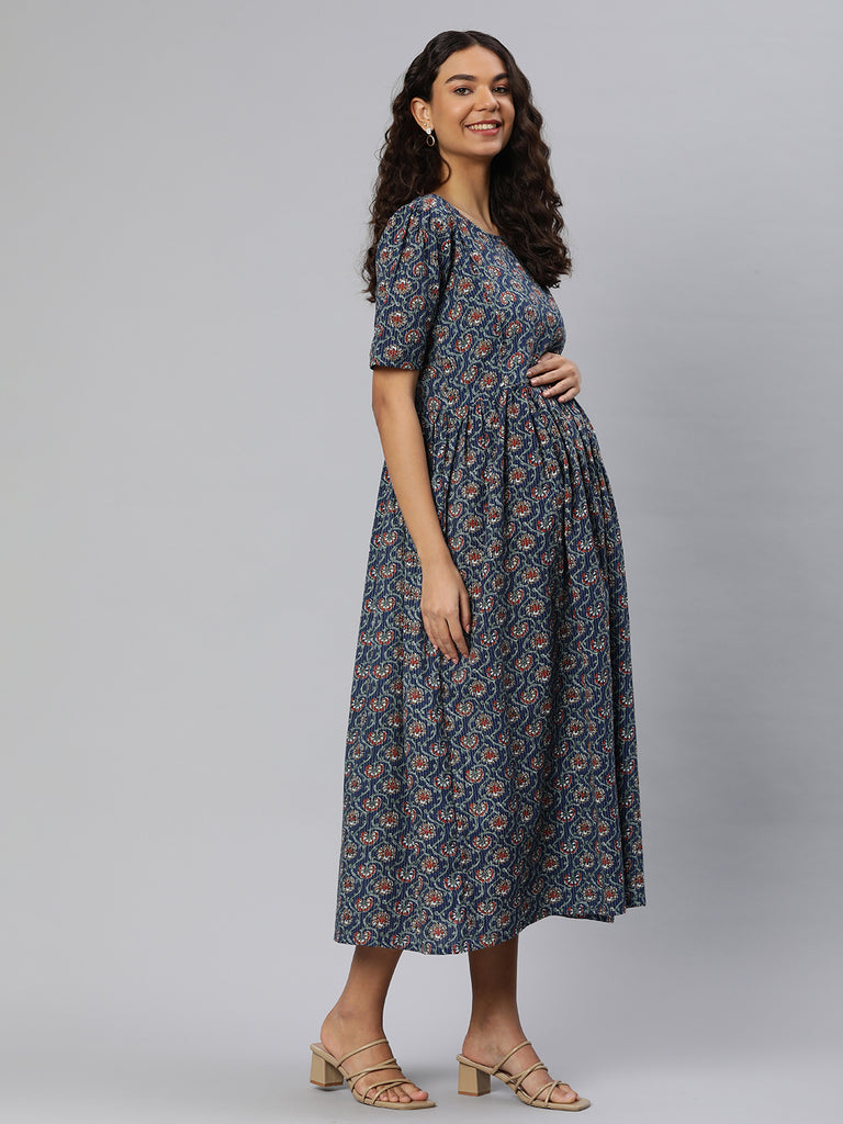 Blue and Red Floral Print Puff Sleeves Maternity Fit & Flare Midi Dress