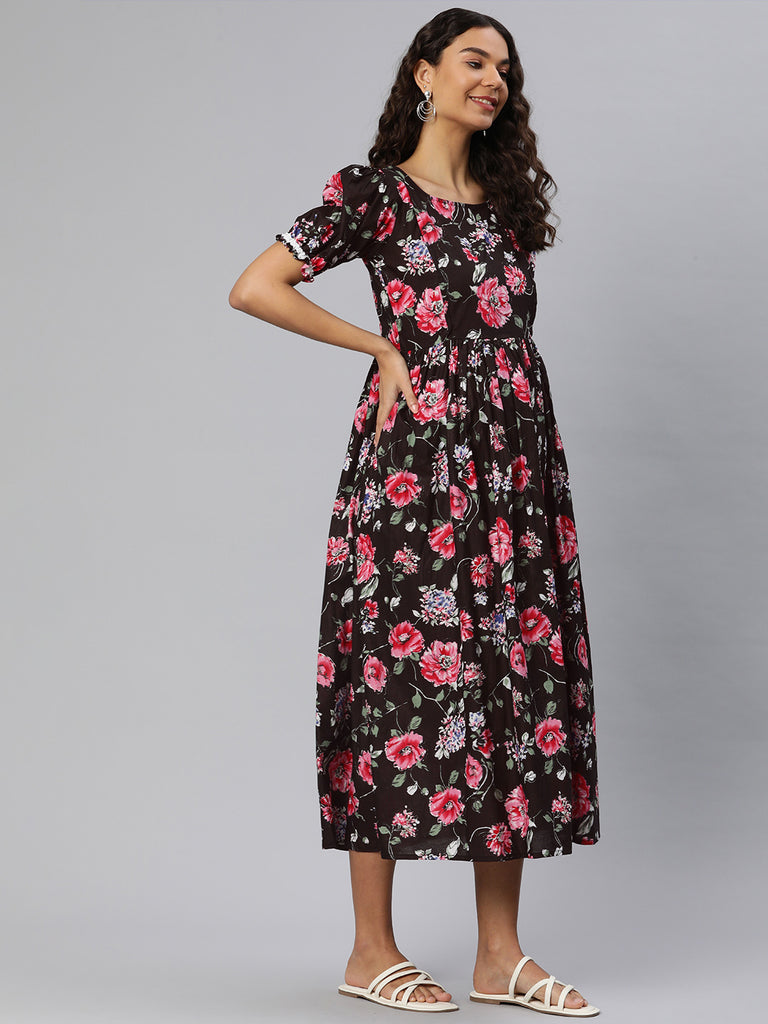 Black Floral Print Puff Sleeve Maternity Fit & Flare Maxi Dress