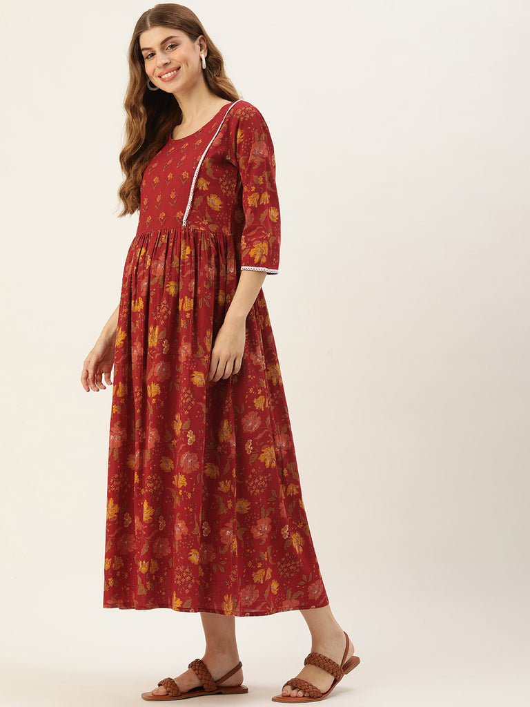 Red and Yellow Floral Print Laced Maternity Maxi Dress