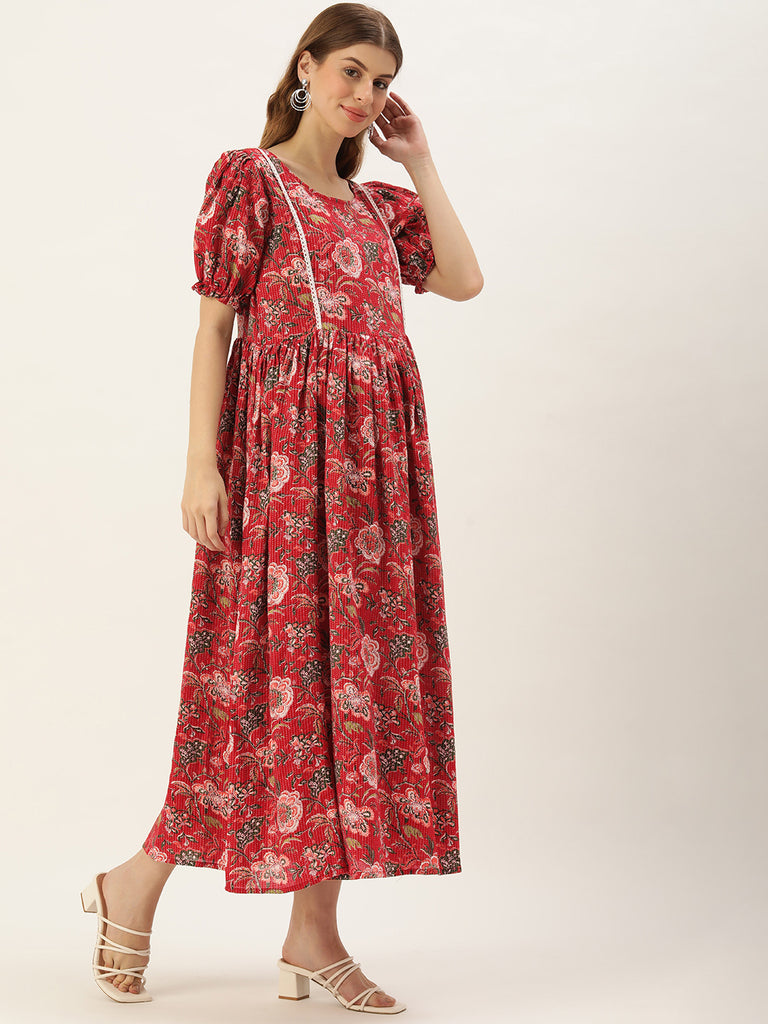 Red Floral Print Puff Sleeve Maternity Dress