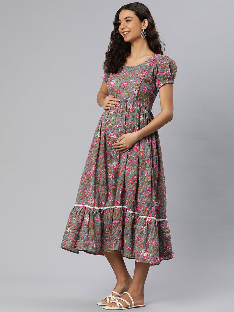 Grey and Pink Floral Print Puff Sleeves Maternity Fit & Flare Midi Dress