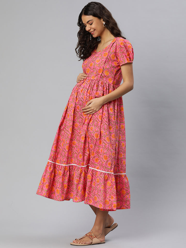 Pink and Yellow Floral Print Puff Sleeves Maternity Fit & Flare Midi Dress