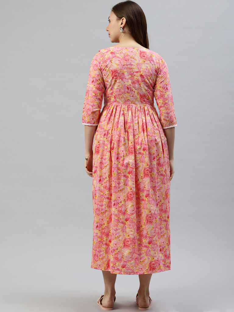 Pink and Yellow Floral Print Maternity Fit & Flare Midi Dress