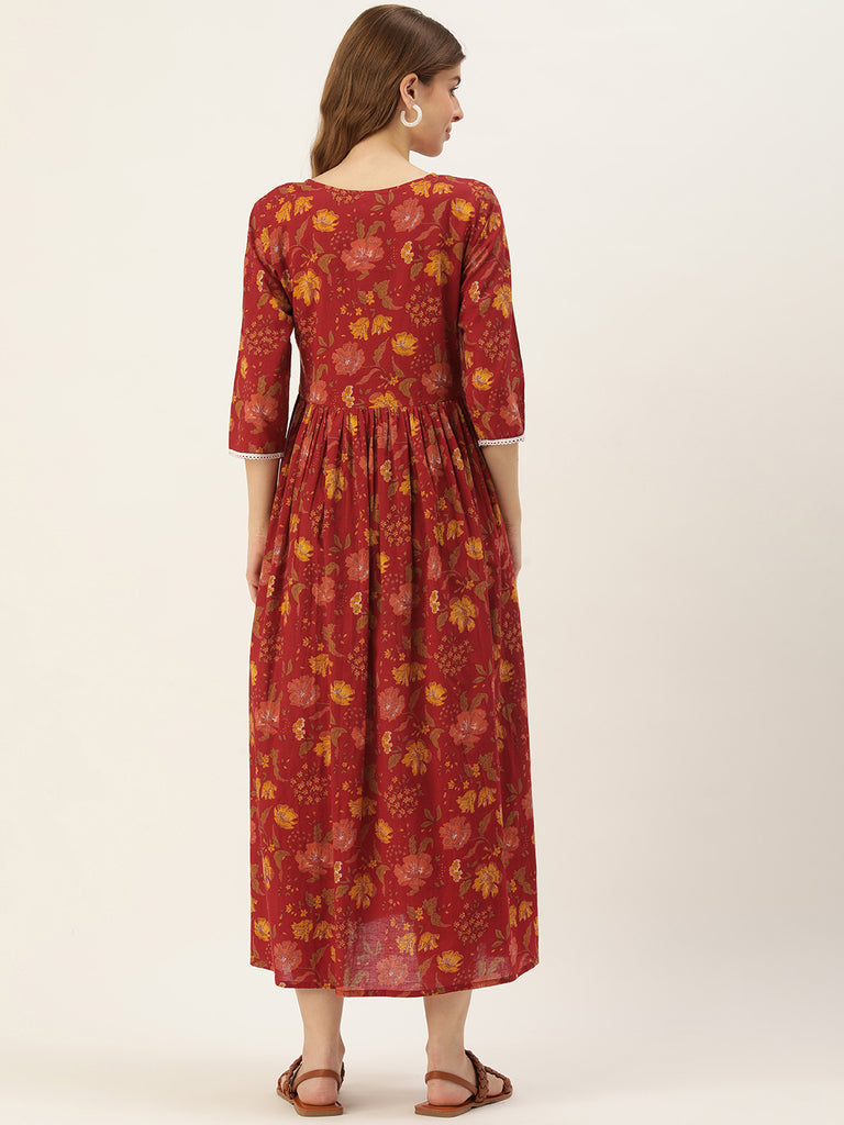 Red and Yellow Floral Print Laced Maternity Maxi Dress