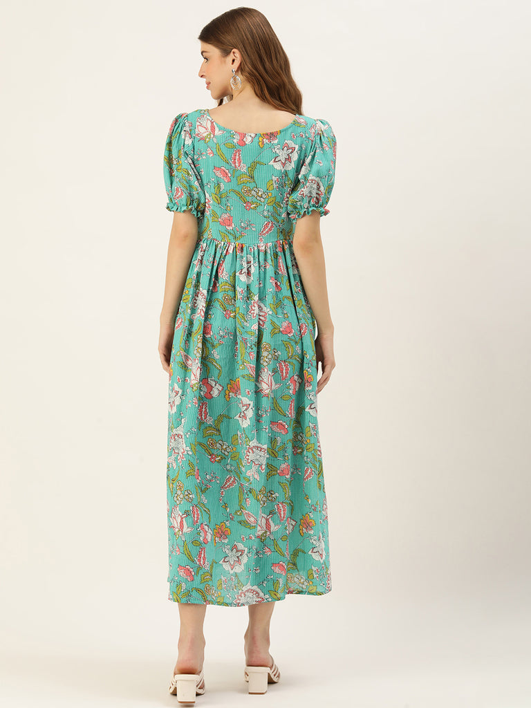 Turquoise blue Floral Print Puff Sleeve Maternity Dress