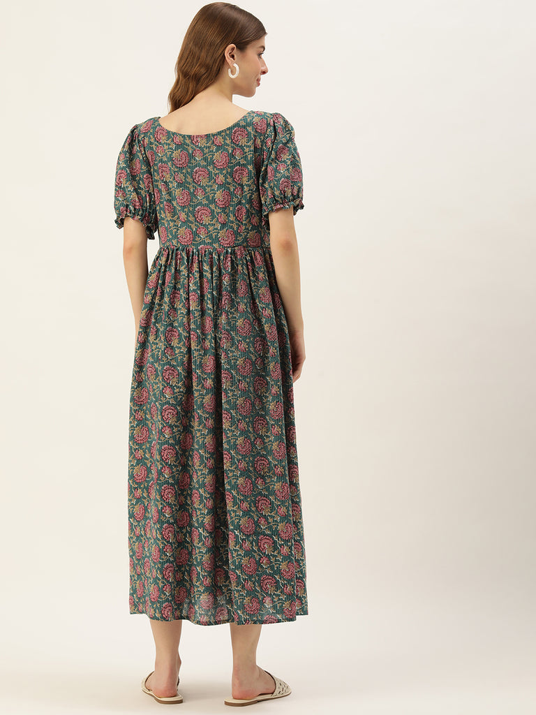 Teal and Pink Floral Print Puff Sleeve Maternity Dress