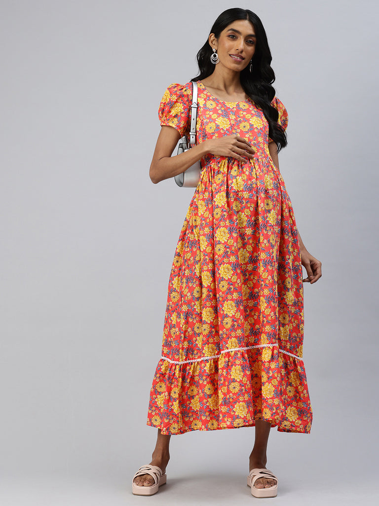 Peach and Yellow Floral Print Puff Sleeves cotton Maternity Fit & Flare Midi Dress