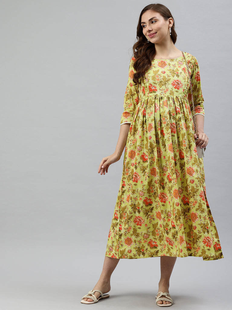 Pista Green and Pink Floral Print Maternity Fit & Flare Midi Dress