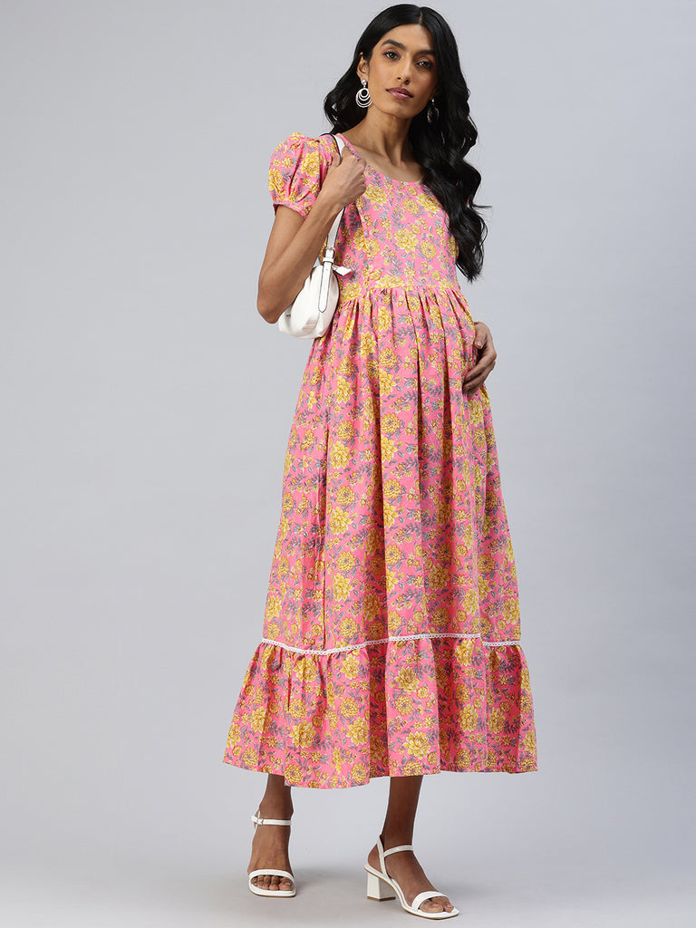 Pink and Yellow Floral Print Puff Sleeves cotton Maternity Fit & Flare Midi Dress