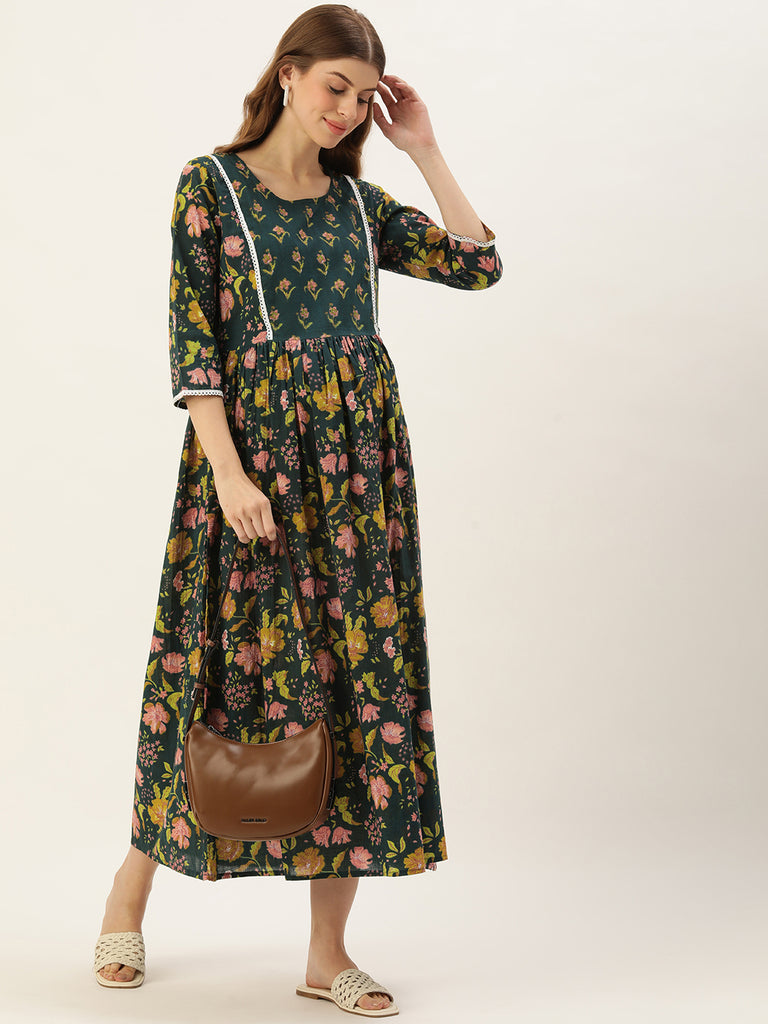 Green and yellow Floral Print Laced Maternity Maxi Dress