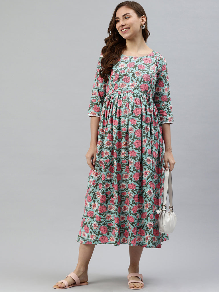 Blue and Pink Floral Print Maternity Fit & Flare Midi Dress