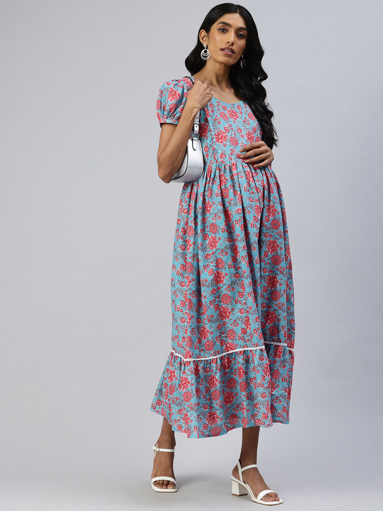 Blue and Red Floral Print Puff Sleeves cotton Maternity Fit & Flare Midi Dress