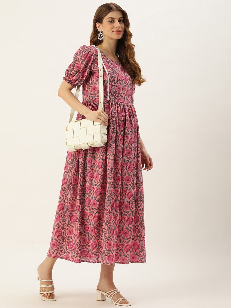 Pink Floral Print Puff Sleeve Maternity Dress