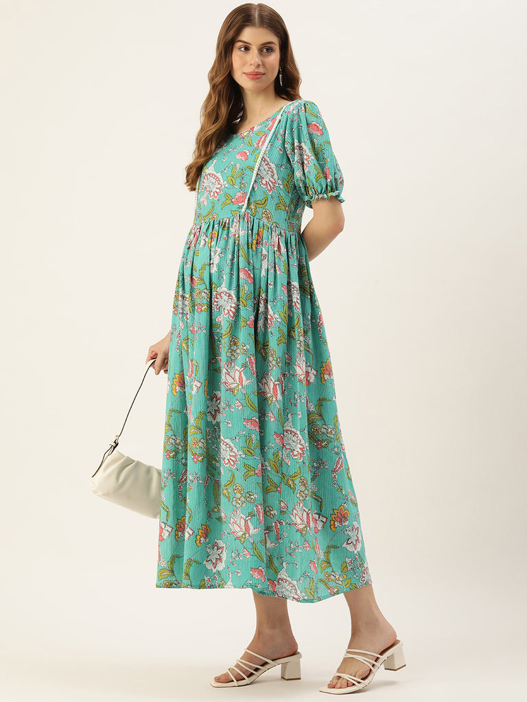 Turquoise blue Floral Print Puff Sleeve Maternity Dress