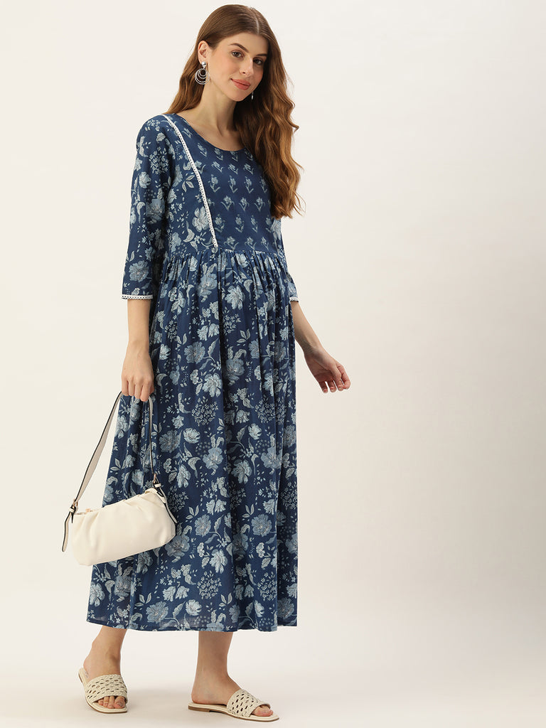 Blue and white Floral Print Laced Maternity Maxi Dress
