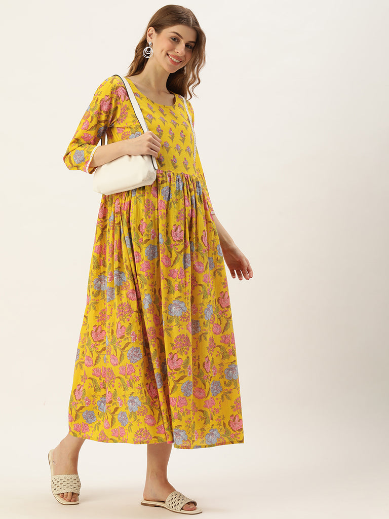 Yellow and multicoloured Floral Print Laced Maternity Maxi Dress