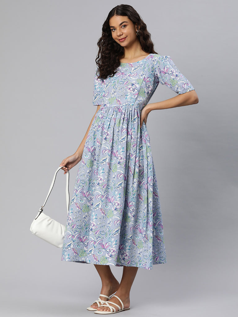 Grey Floral Print Puff Sleeves Maternity Fit & Flare Midi Dress