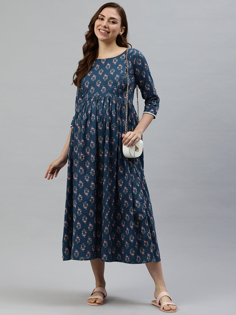 Navy Blue and Pink Floral Print Maternity Fit & Flare Midi Dress