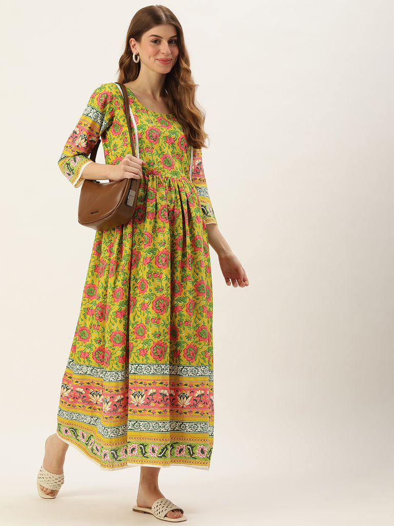 Green and multicoloured Floral Print Laced Maternity Maxi Dress