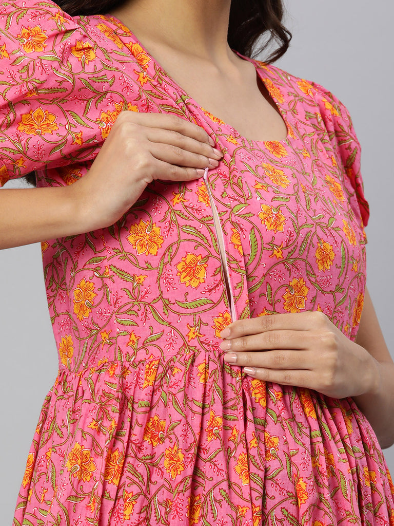 Pink and Yellow Floral Print Puff Sleeves Maternity Fit & Flare Midi Dress