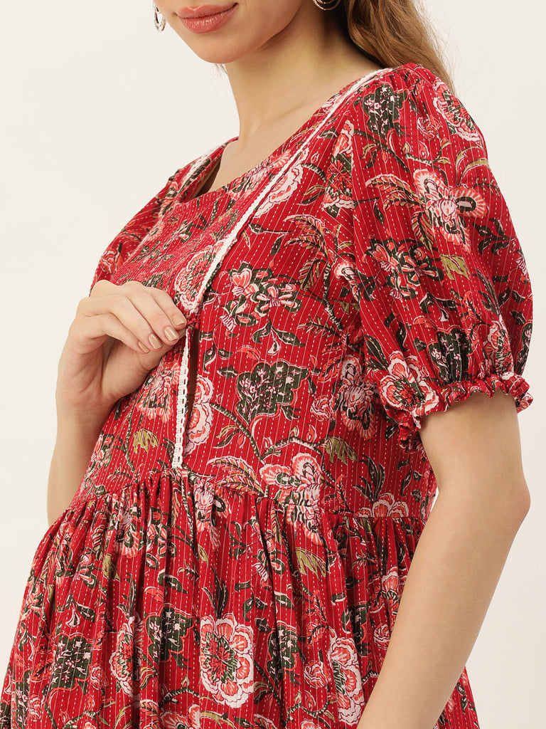 Red Floral Print Puff Sleeve Maternity Dress