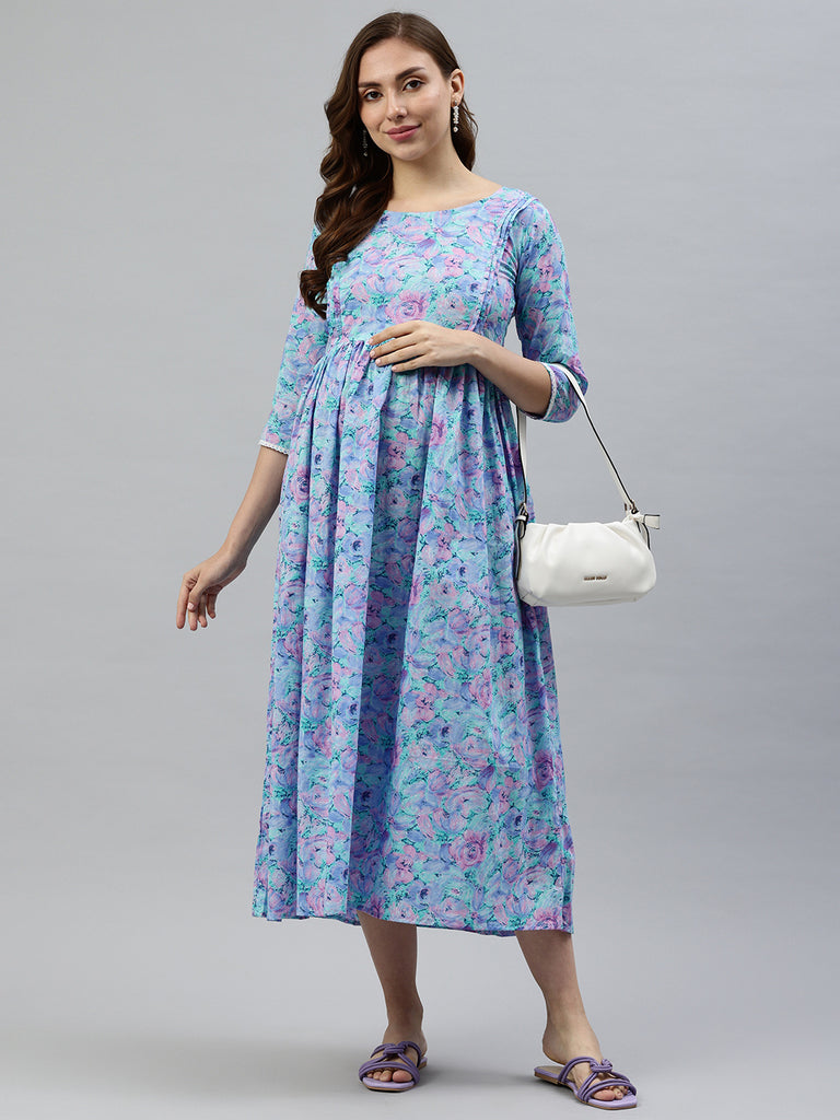 Blue and pink Floral Print Maternity Fit & Flare Midi Dress