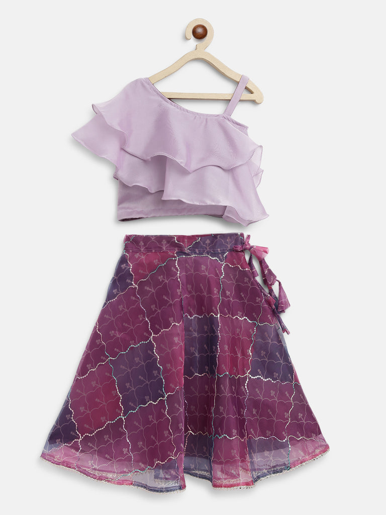Lavender crop top and multicolour Organza skirt
