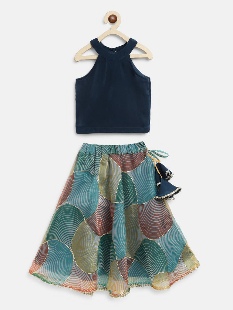 Teal crop top and multicolour Organza skirt