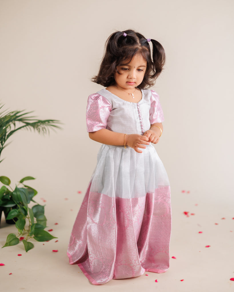 Silver Tissue dress with Pink border
