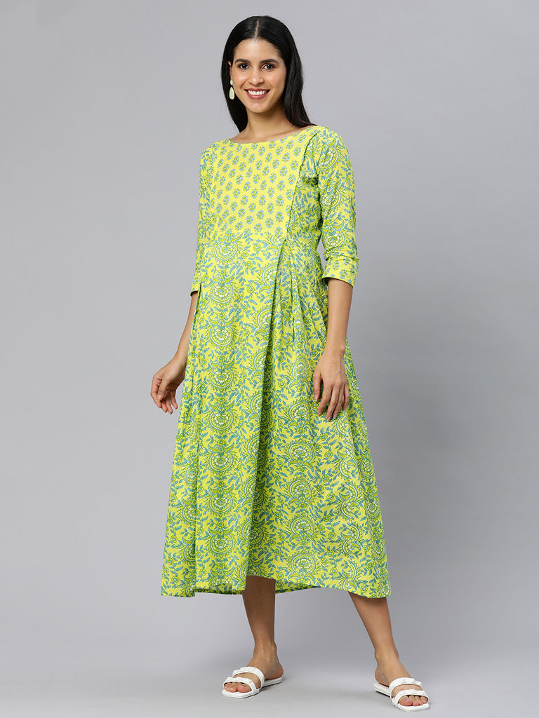 Yellow Floral Print Maternity Maxi  Ethnic Dress