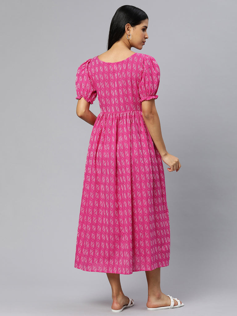 Pink Abstract Print Puff Sleeve Maternity Fit & Flare Maxi Dress
