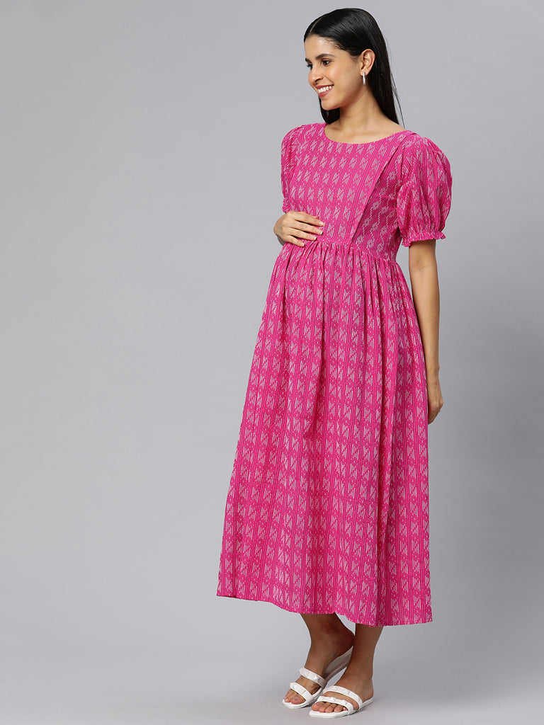Pink Abstract Print Puff Sleeve Maternity Fit & Flare Maxi Dress