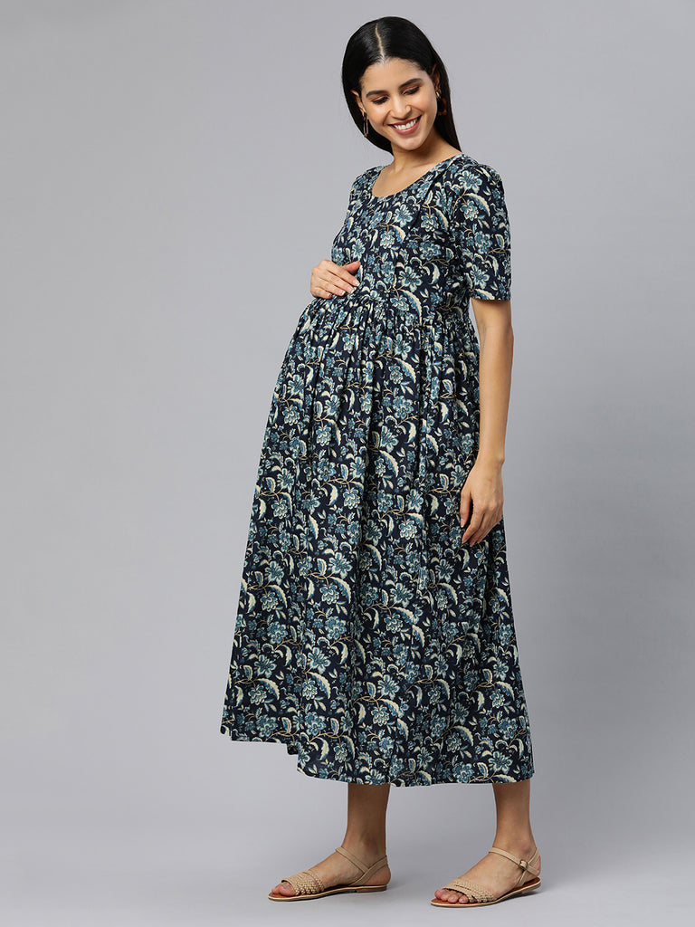 Blue Floral Print Puff Sleeve Maternity  Maxi Dress