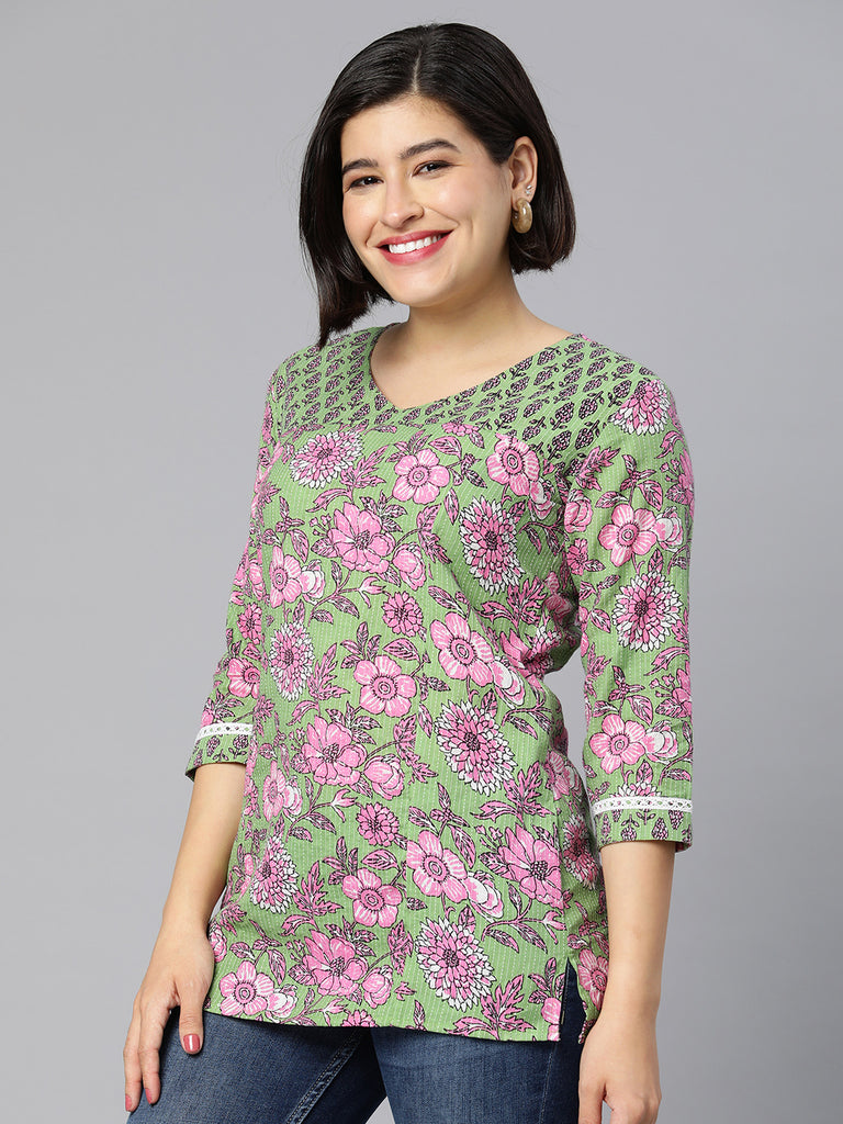 Green Floral Printed Ethnic Tunic