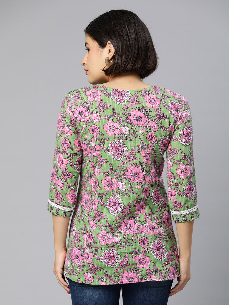 Green Floral Printed Ethnic Tunic