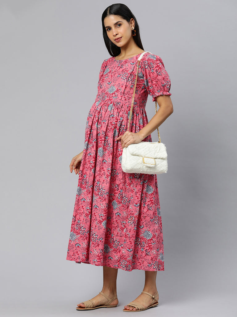 Peach Floral Print Puff Sleeve Maternity Fit & Flare Maxi Dress