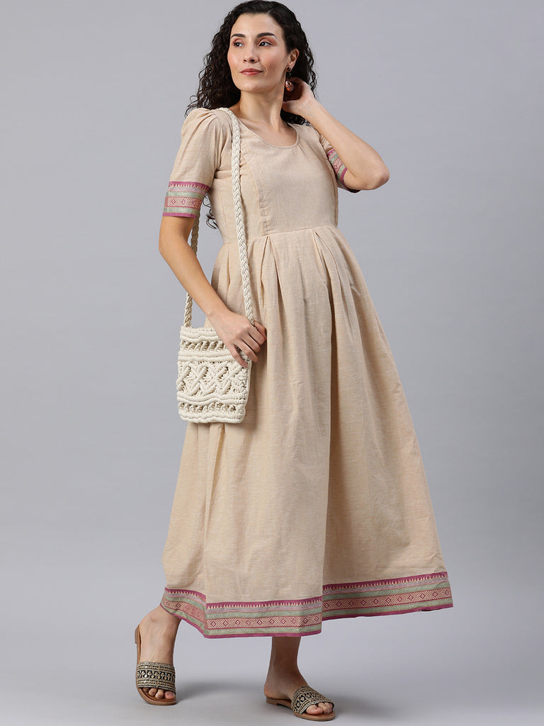 Beige Embroidered Maternity Maxi Dress
