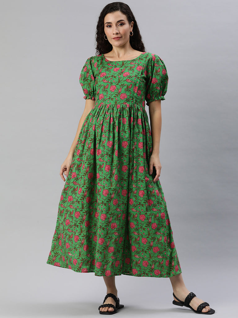 Green and Pink Floral Print Puff Sleeves Maternity Maxi Dress