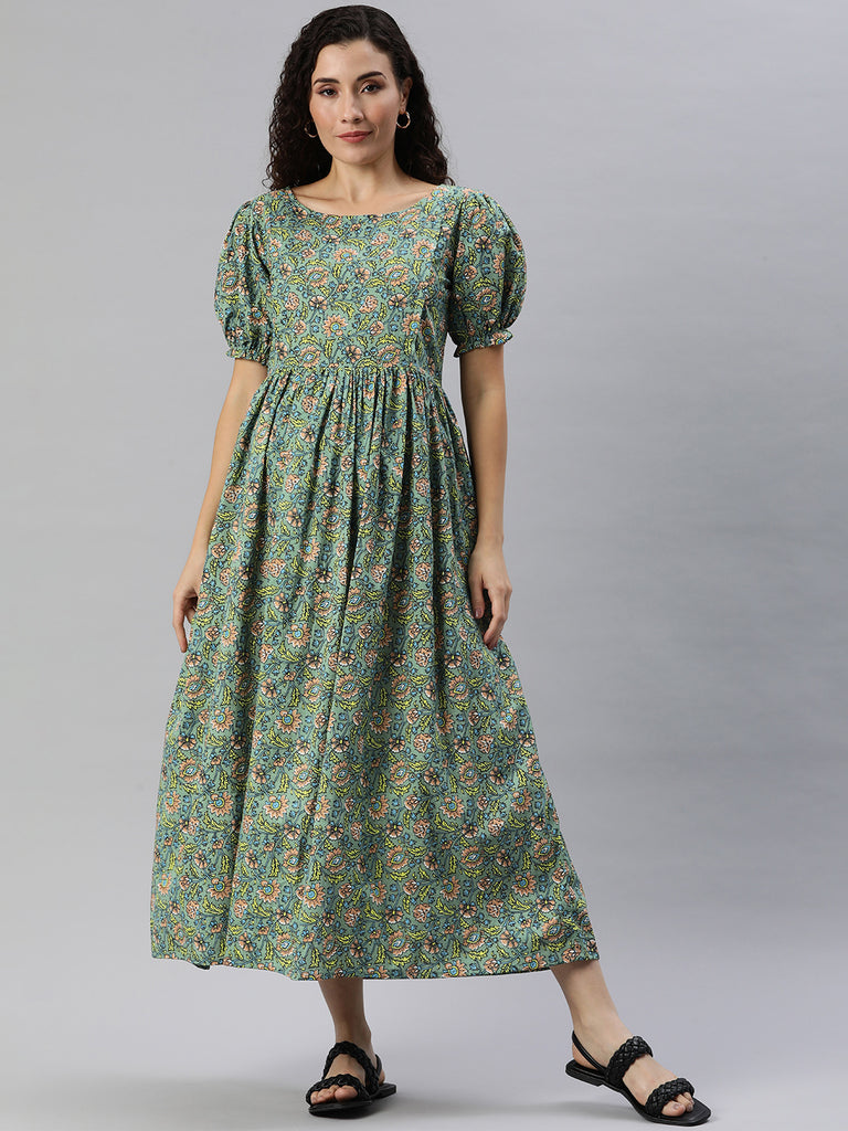 Green Floral Print Puff Sleeves Maternity Fit & Flare Maxi Dress