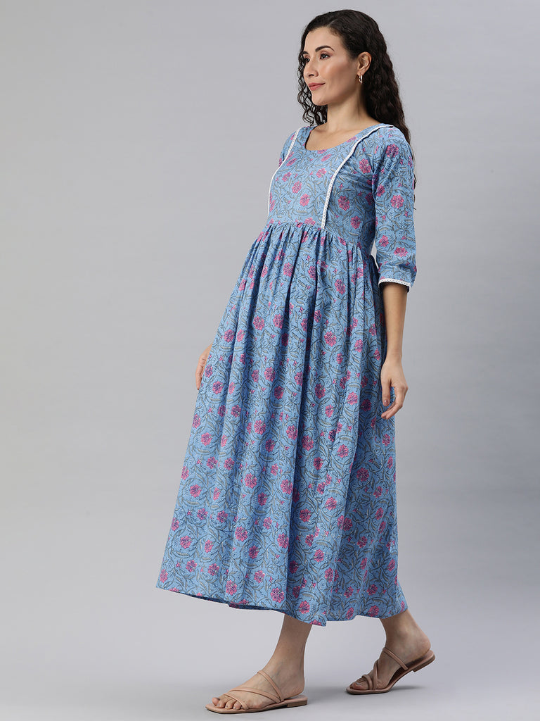 Blue Floral Print Maternity Maxi Dress