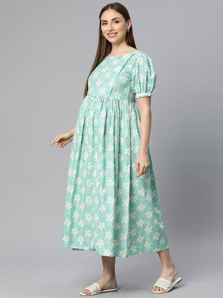 Green Floral Print Maternity Fit & Flare Maxi Dress