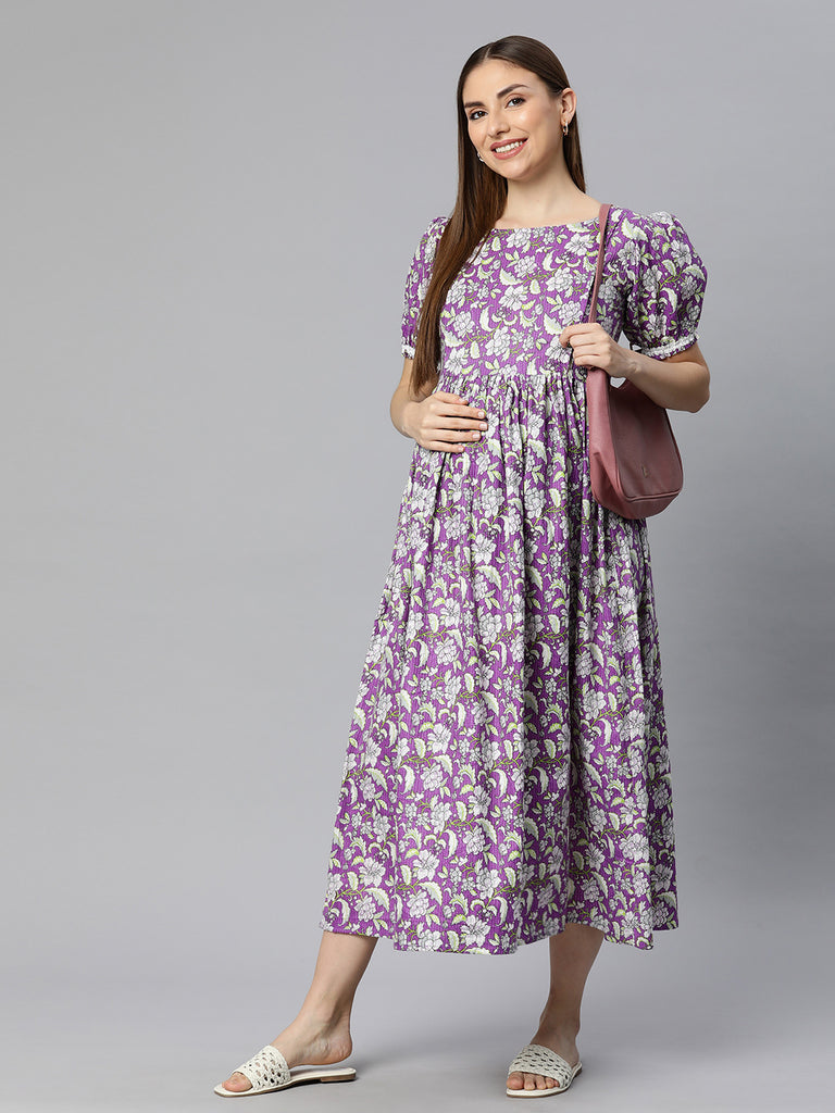 Purple Kantha Floral Print Puff Sleeve Maternity Fit & Flare Maxi Dress