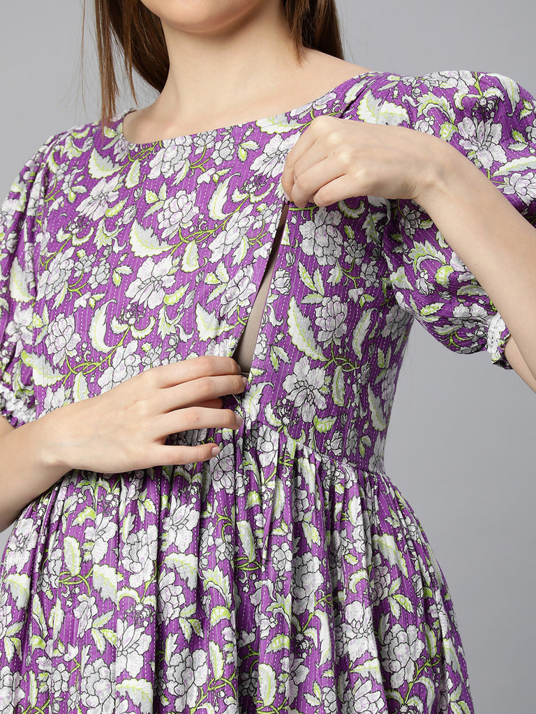 Purple Kantha Floral Print Puff Sleeve Maternity Fit & Flare Maxi Dress