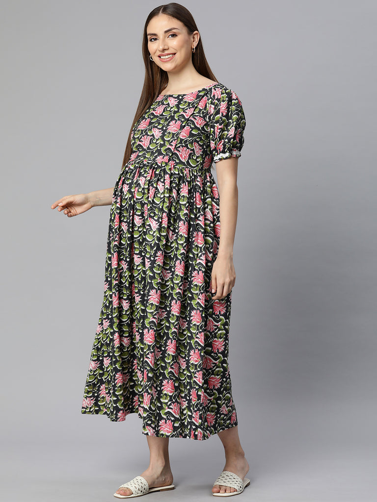 Black Kantha Floral Print Puff Sleeve Maternity Fit & Flare Maxi Dress